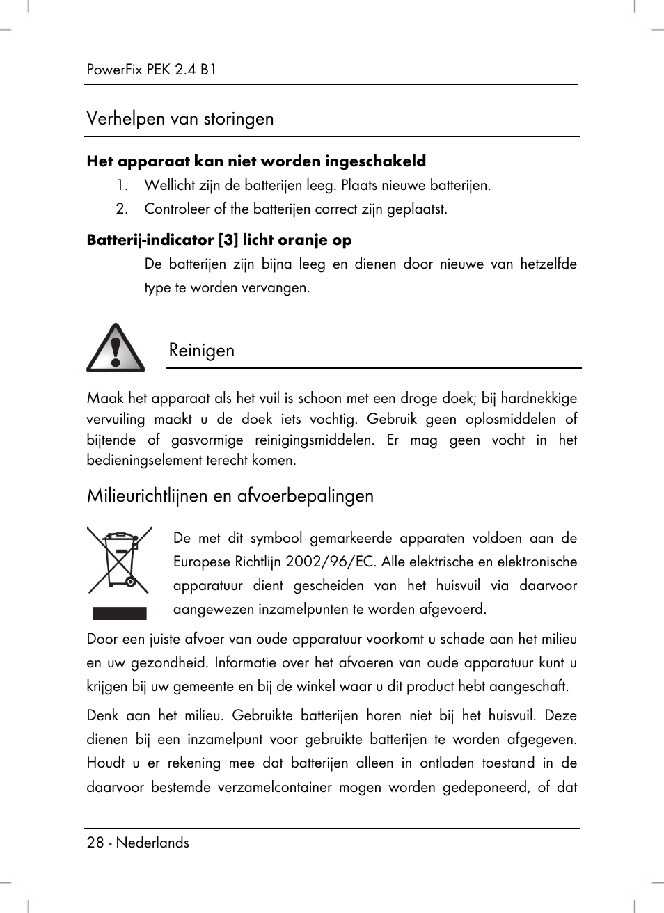 Verhelpen van storingen, Reinigen, Milieurichtlijnen en afvoerbepalingen | Powerfix PEK 2.4 B1 User Manual | Page 30 / 64