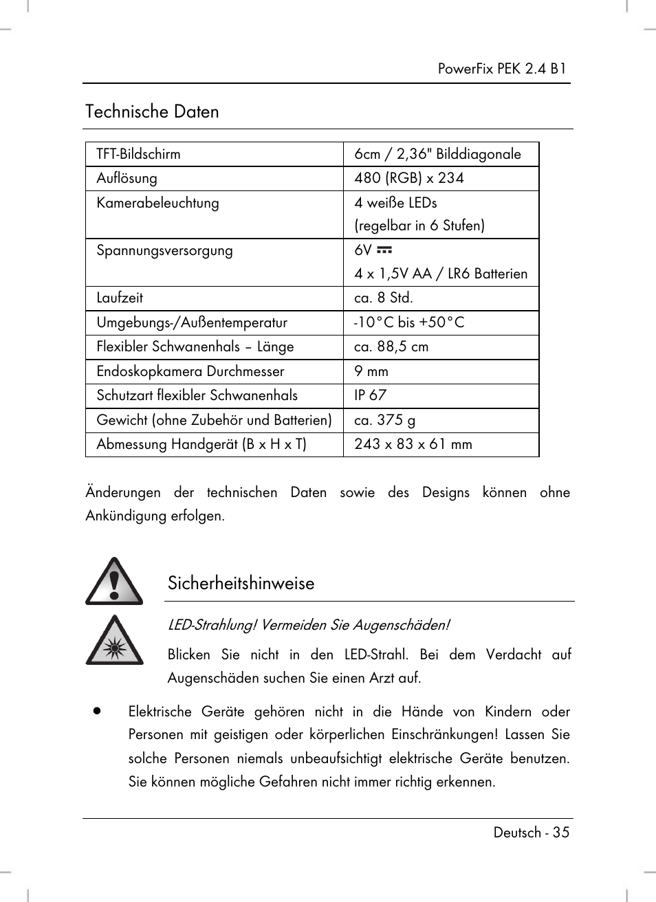 Technische daten, Sicherheitshinweise | Powerfix PEK 2.4 B1 User Manual | Page 37 / 64
