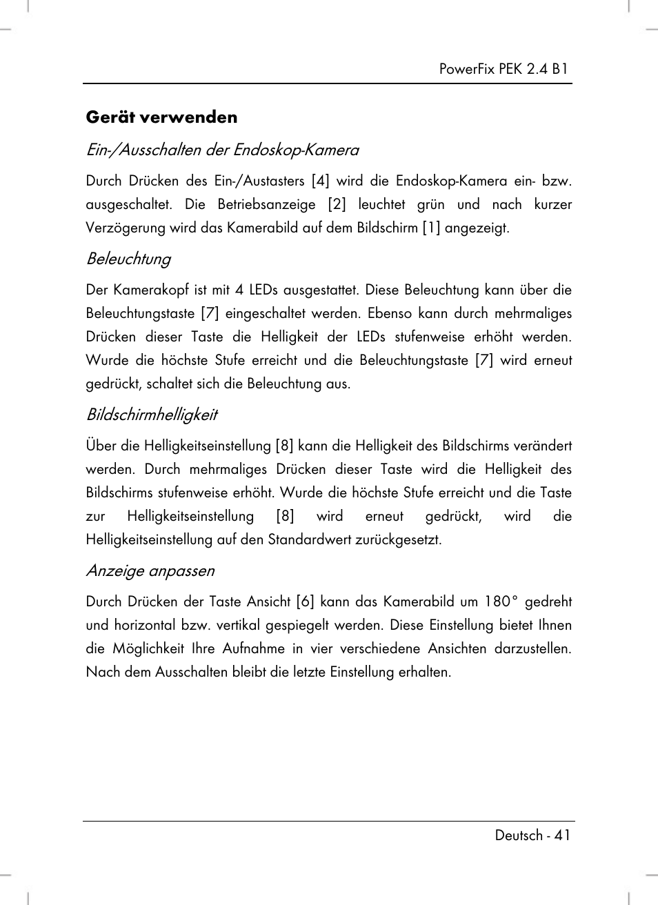 Ein-/ausschalten der endoskop-kamera, Beleuchtung, Bildschirmhelligkeit | Anzeige anpassen | Powerfix PEK 2.4 B1 User Manual | Page 43 / 64