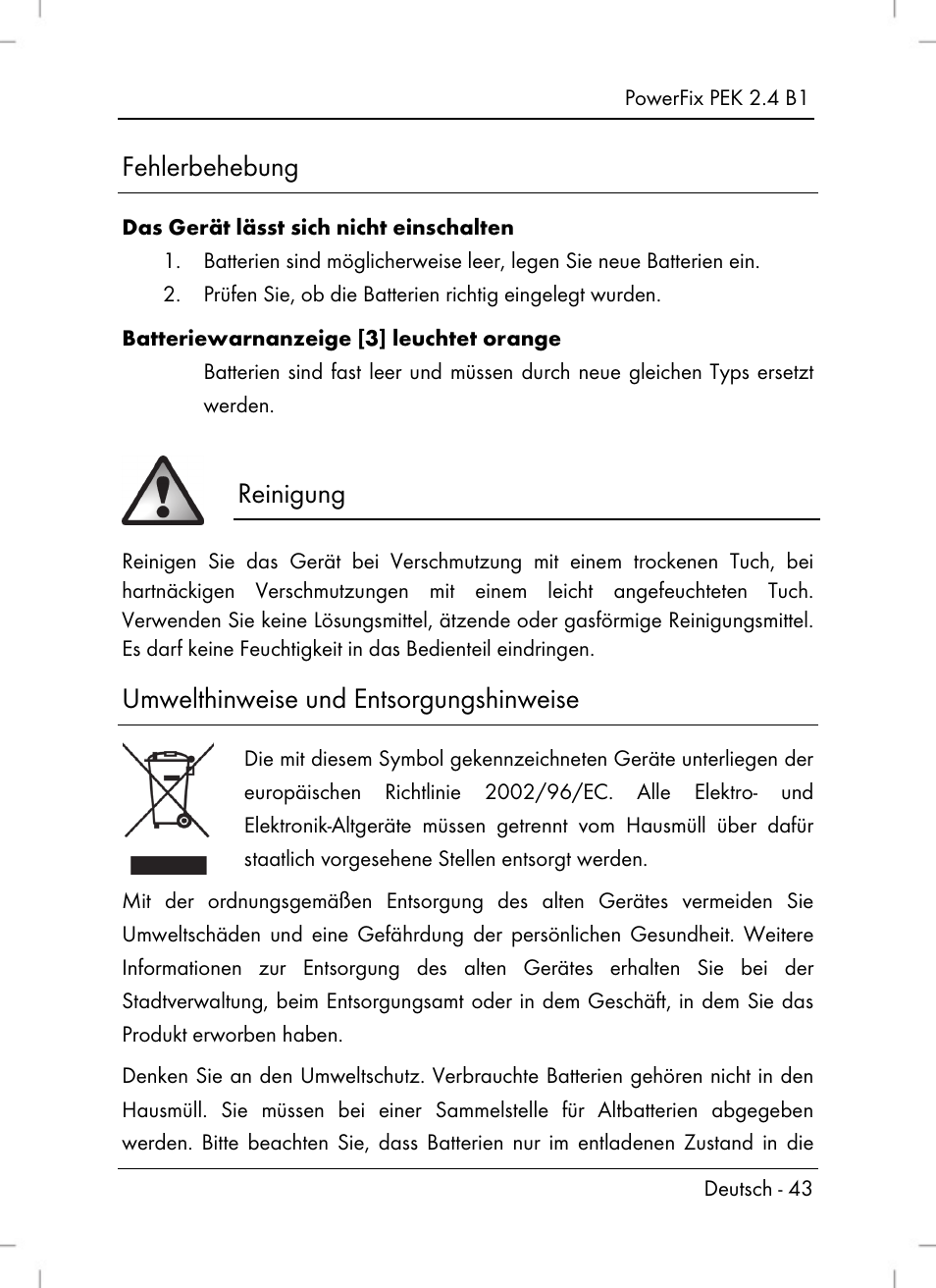 Fehlerbehebung, Reinigung, Umwelthinweise und entsorgungshinweise | Powerfix PEK 2.4 B1 User Manual | Page 45 / 64