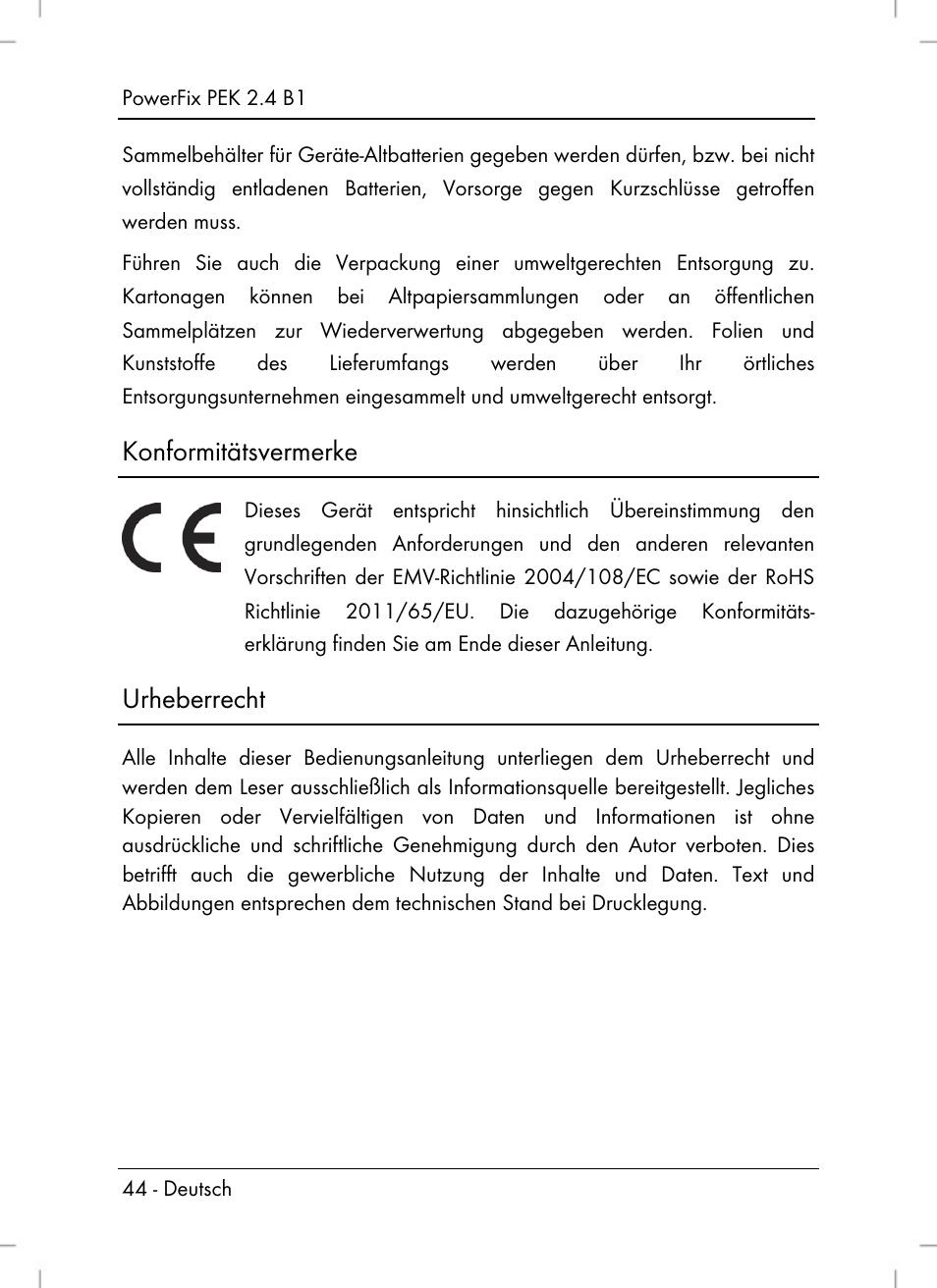 Konformitätsvermerke, Urheberrecht | Powerfix PEK 2.4 B1 User Manual | Page 46 / 64