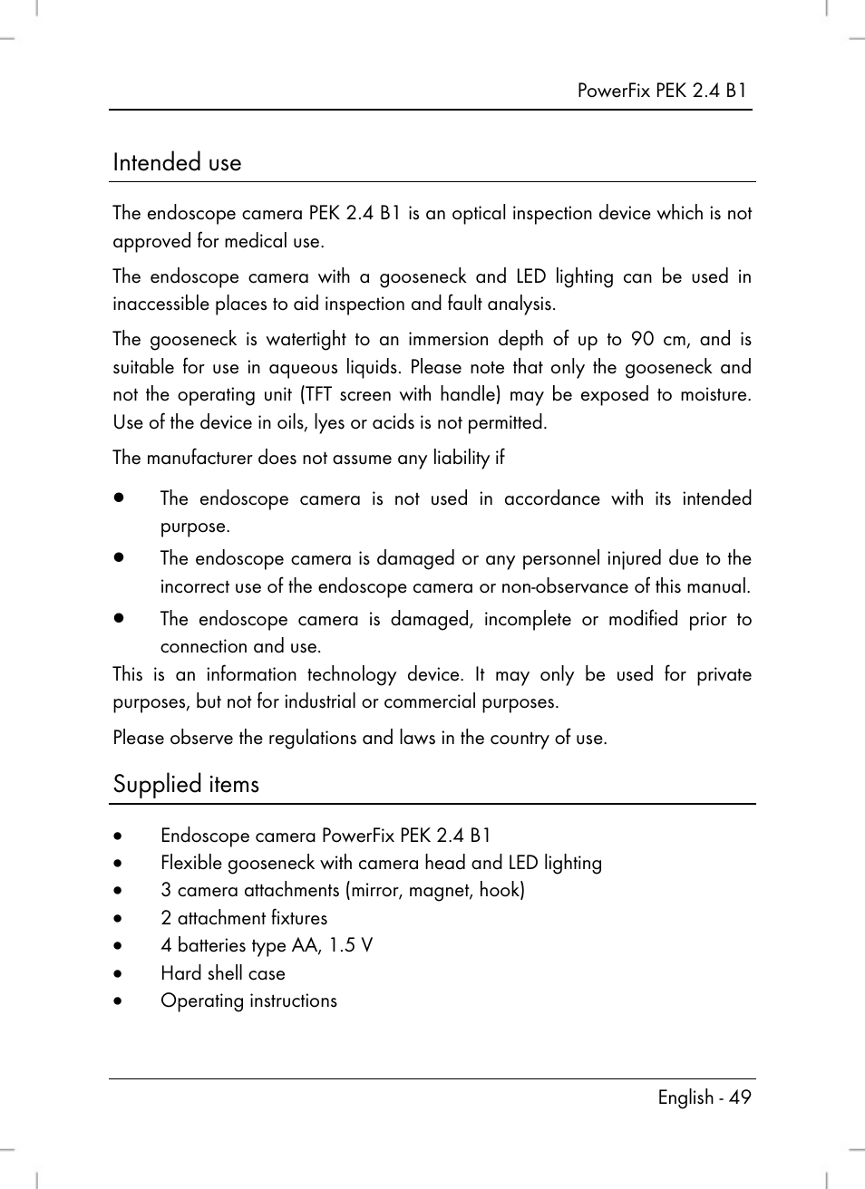 Intended use, Supplied items | Powerfix PEK 2.4 B1 User Manual | Page 51 / 64