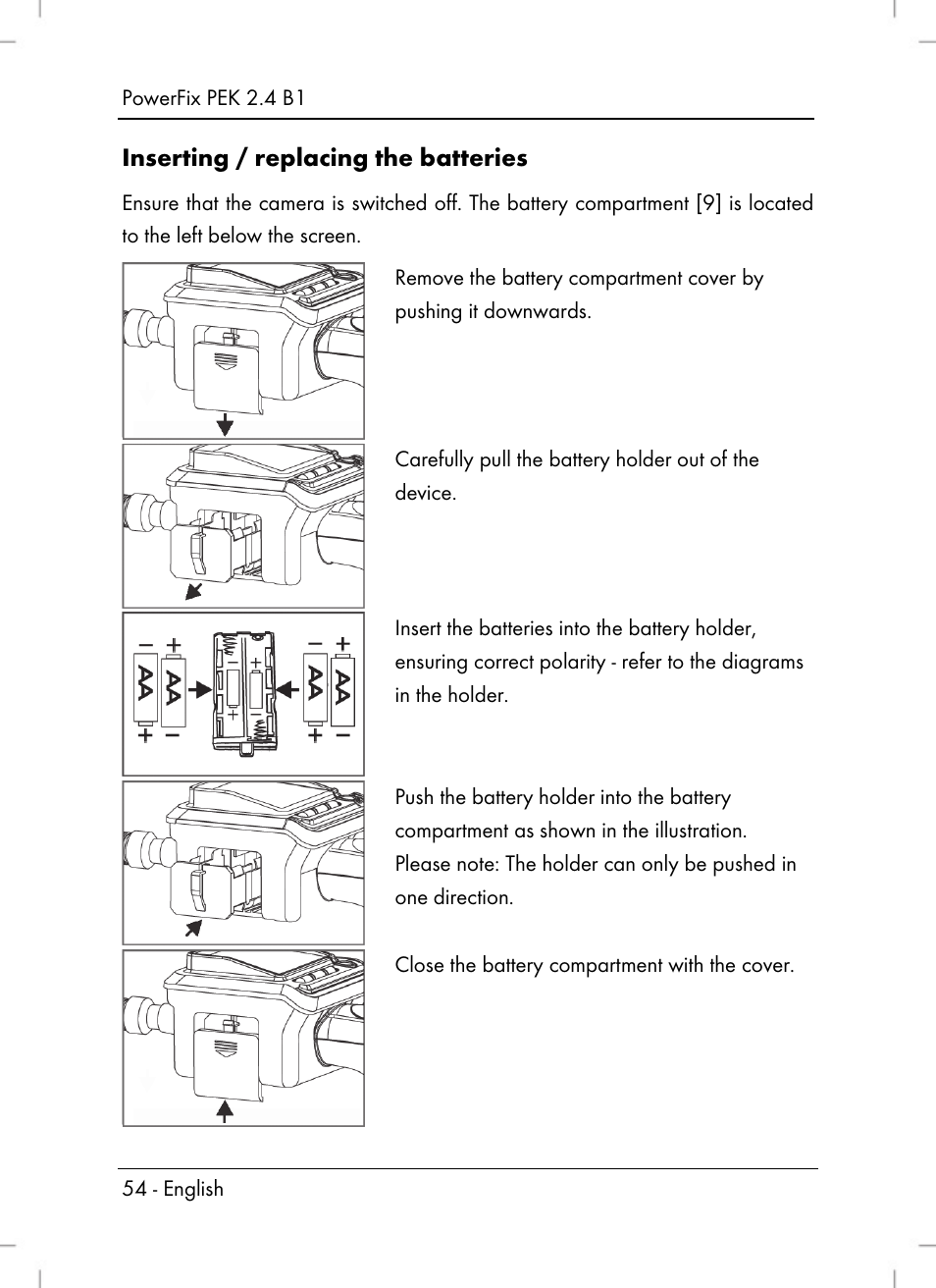 Inserting / replacing the batteries | Powerfix PEK 2.4 B1 User Manual | Page 56 / 64