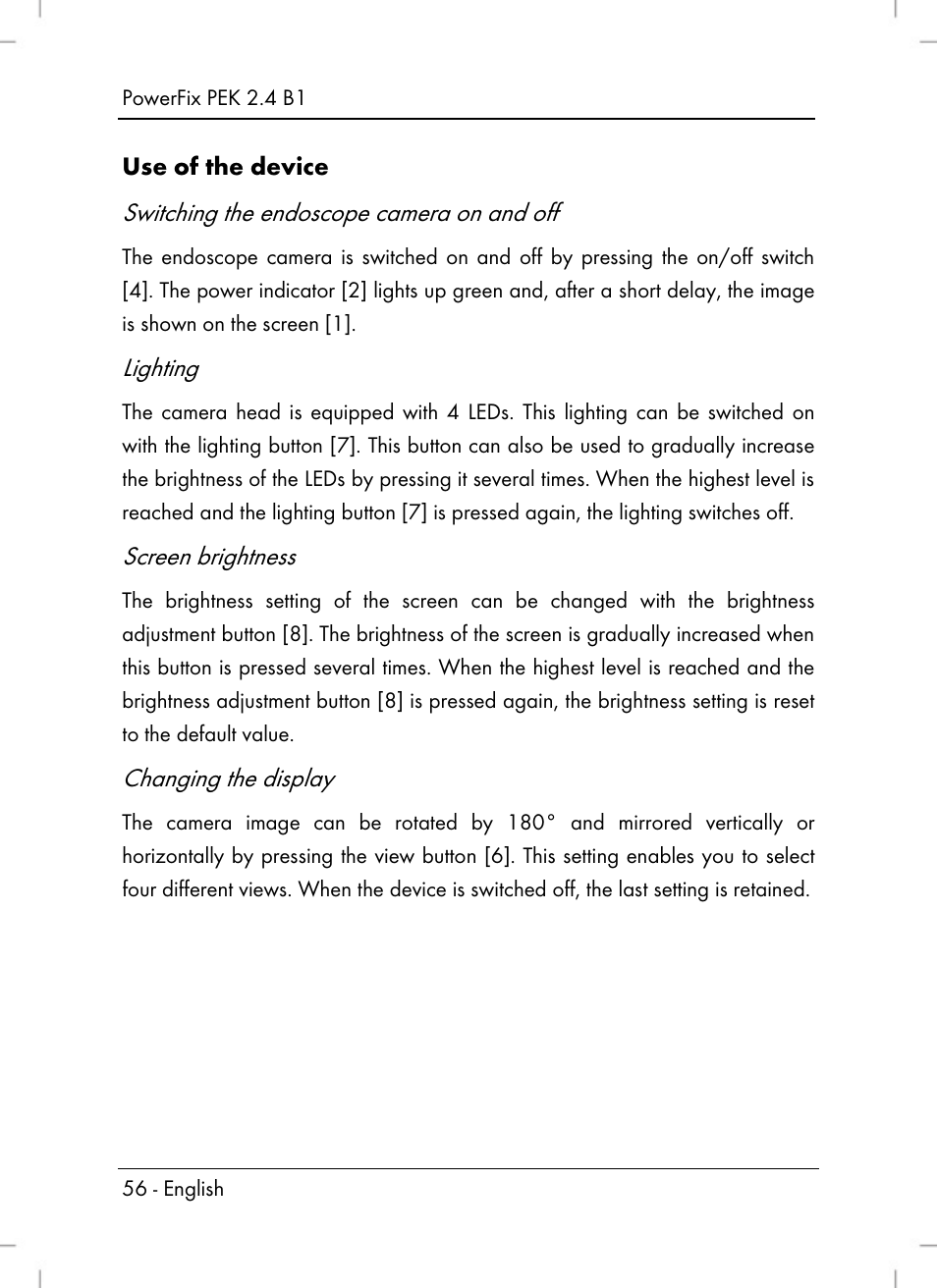 Switching the endoscope camera on and off, Lighting, Screen brightness | Changing the display | Powerfix PEK 2.4 B1 User Manual | Page 58 / 64