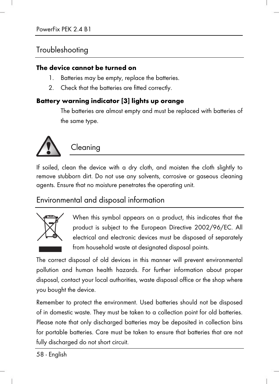 Troubleshooting, Cleaning, Environmental and disposal information | Powerfix PEK 2.4 B1 User Manual | Page 60 / 64