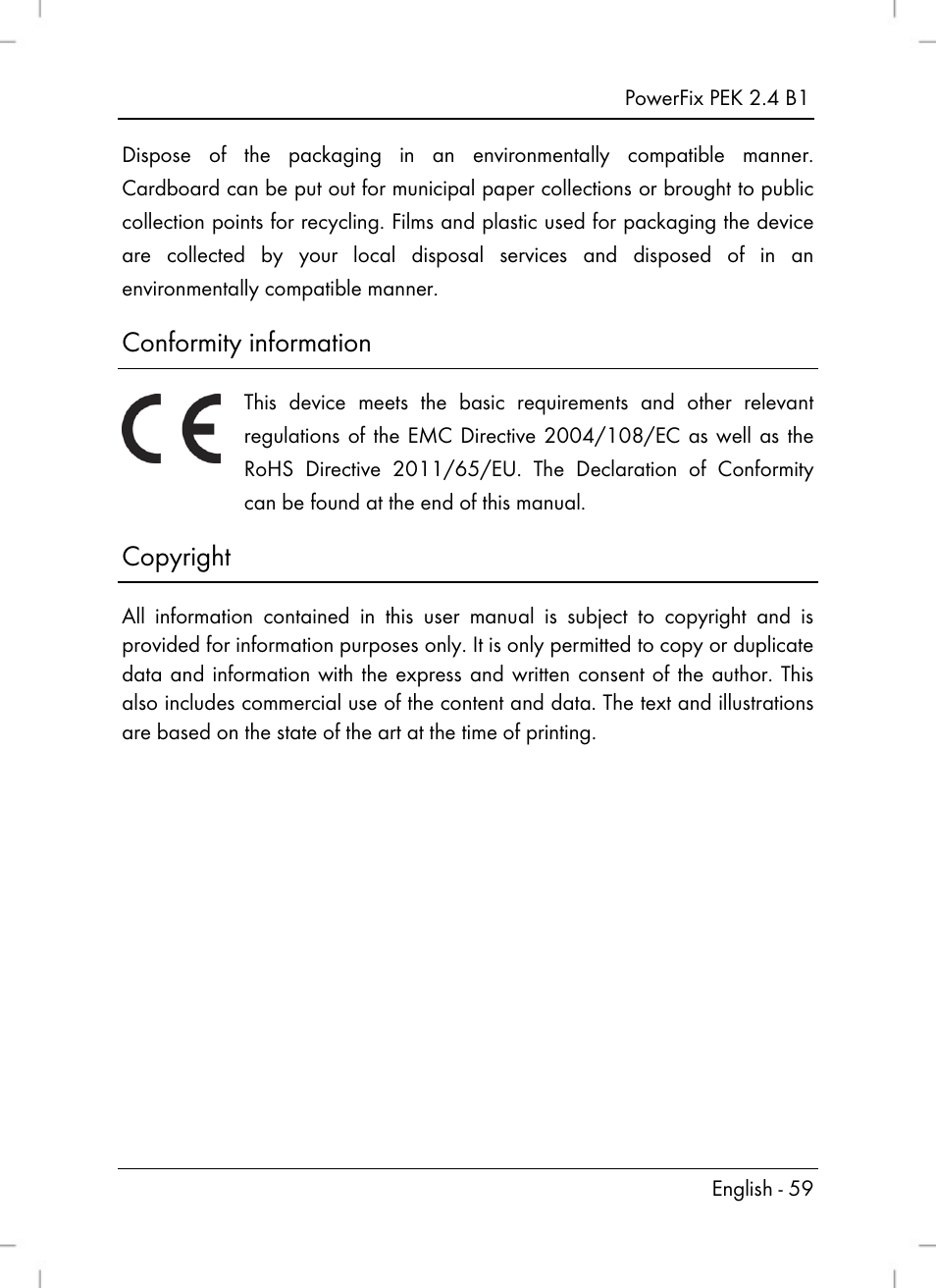 Conformity information, Copyright | Powerfix PEK 2.4 B1 User Manual | Page 61 / 64