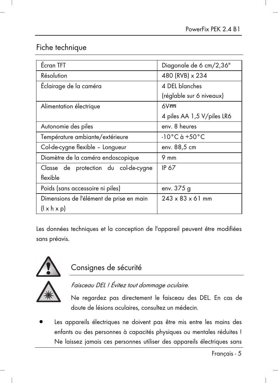 Fiche technique, Consignes de sécurité | Powerfix PEK 2.4 B1 User Manual | Page 7 / 64