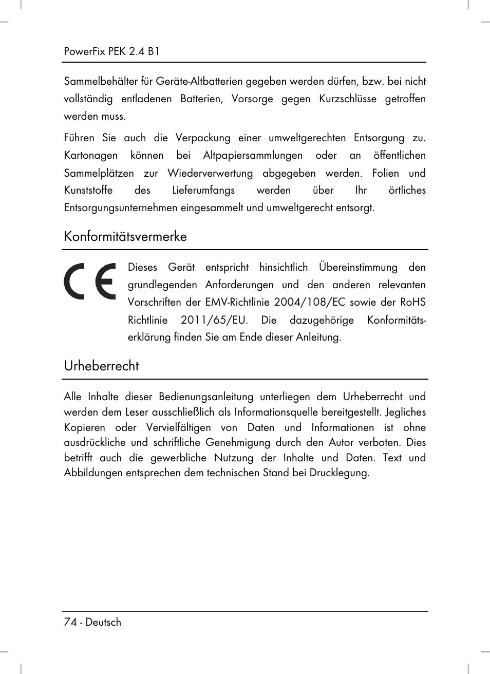 Konformitätsvermerke, Urheberrecht | Powerfix PEK 2.4 B1 User Manual | Page 76 / 80