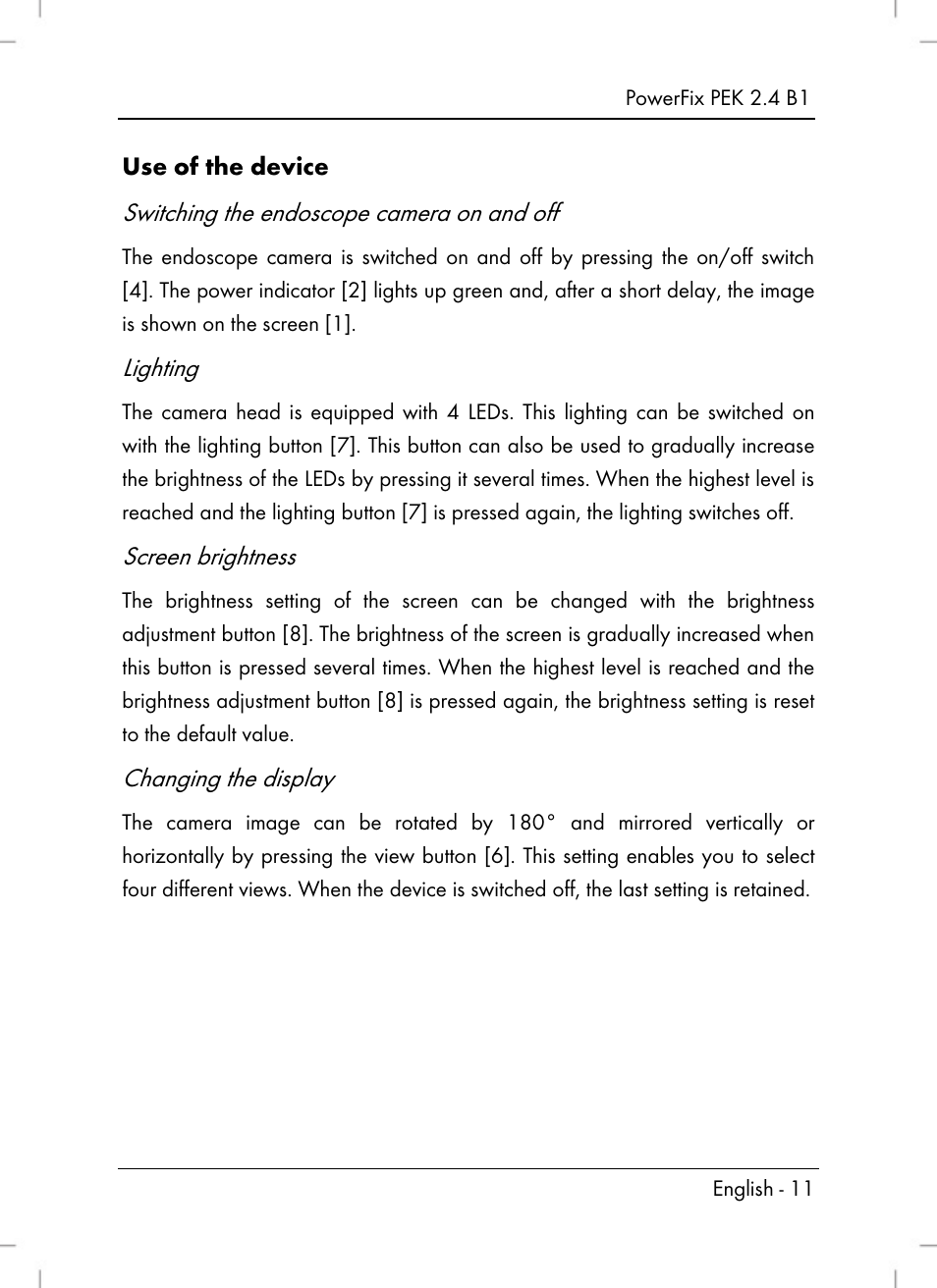 Switching the endoscope camera on and off, Lighting, Screen brightness | Changing the display | Powerfix PEK 2.4 B1 User Manual | Page 13 / 94