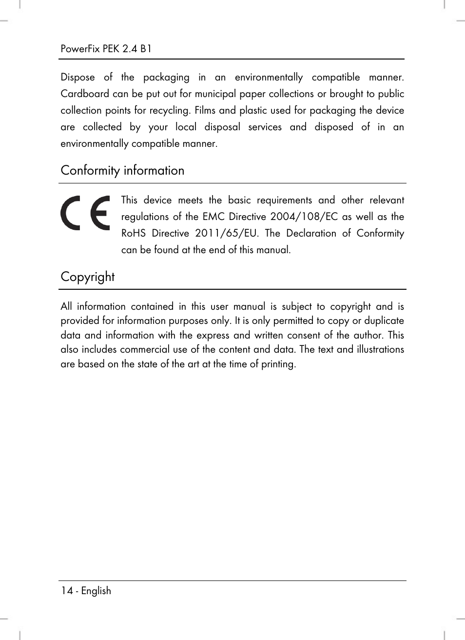 Conformity information, Copyright | Powerfix PEK 2.4 B1 User Manual | Page 16 / 94
