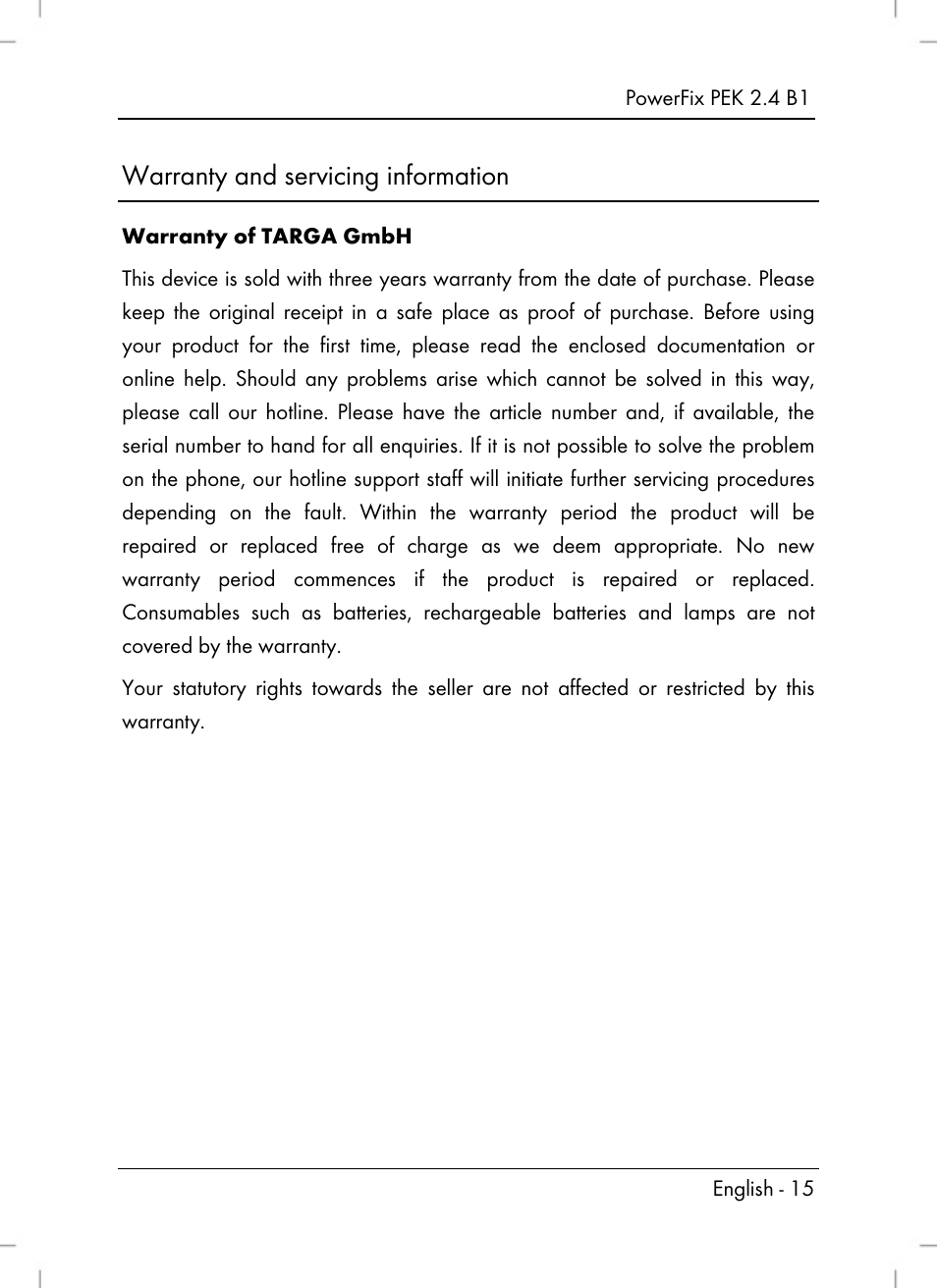 Warranty and servicing information | Powerfix PEK 2.4 B1 User Manual | Page 17 / 94