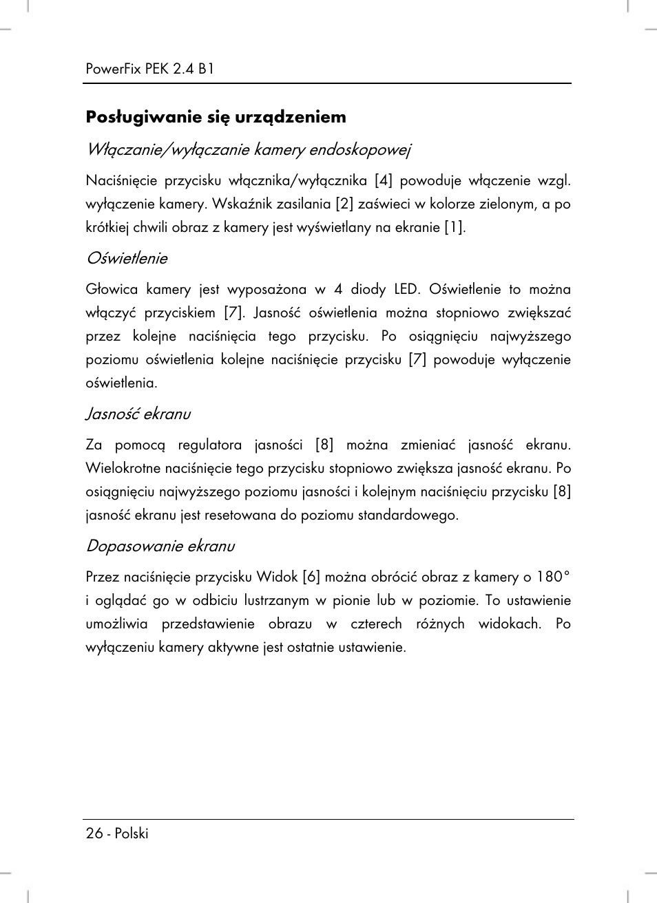 Włączanie/wyłączanie kamery endoskopowej, Oświetlenie, Jasność ekranu | Dopasowanie ekranu | Powerfix PEK 2.4 B1 User Manual | Page 28 / 94