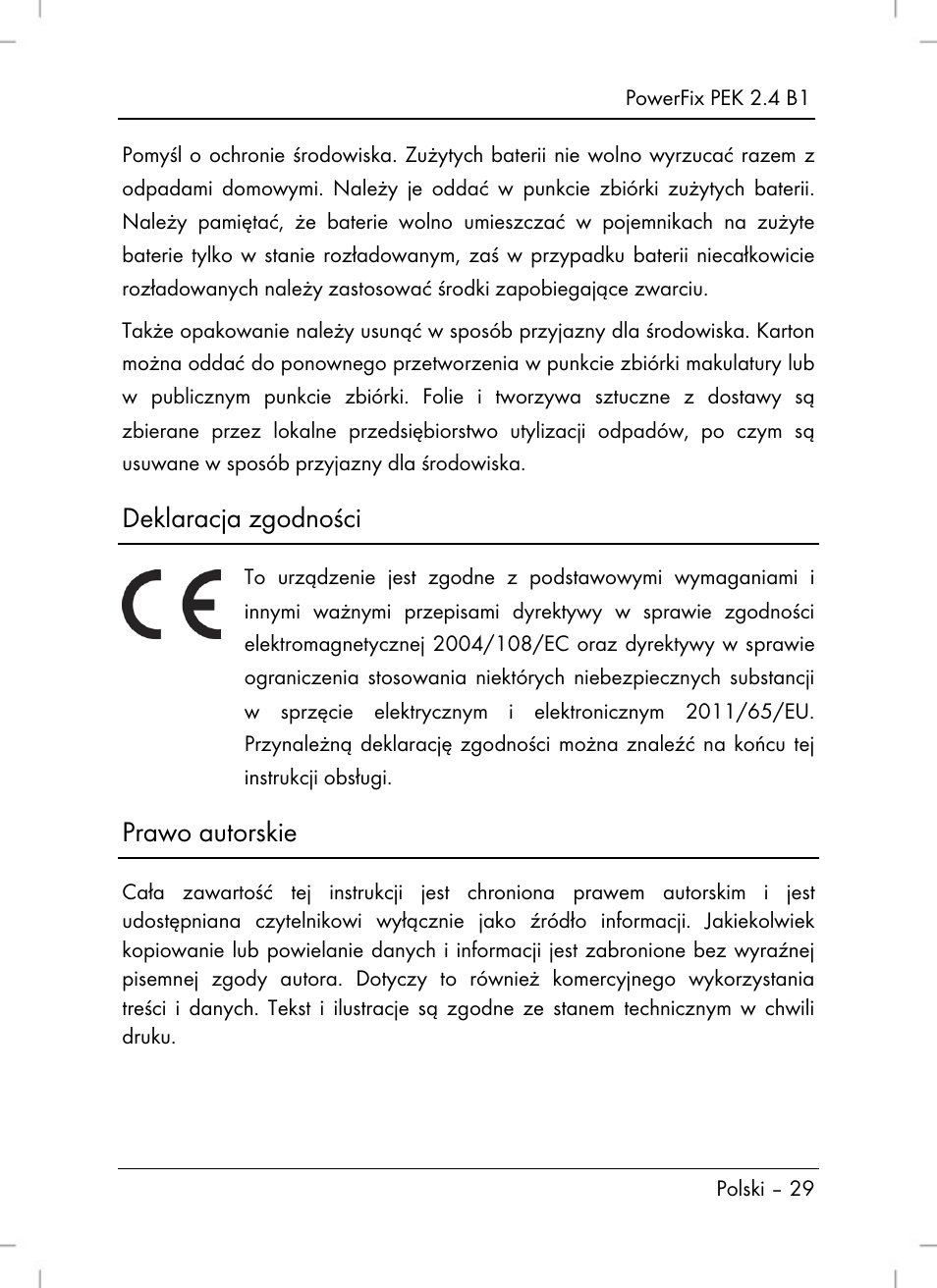 Deklaracja zgodności, Prawo autorskie | Powerfix PEK 2.4 B1 User Manual | Page 31 / 94