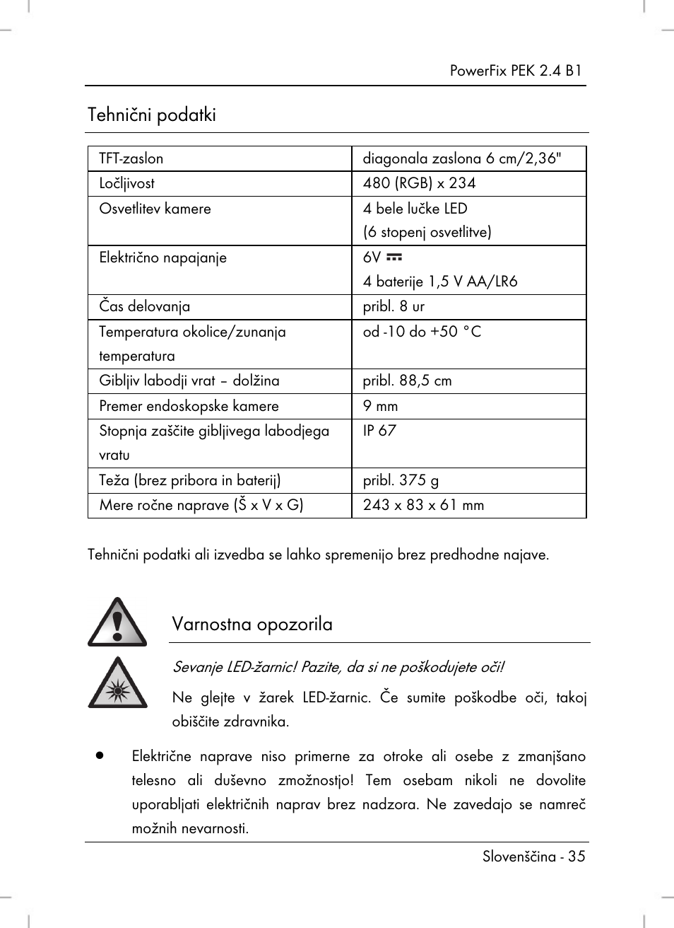 Tehnični podatki, Varnostna opozorila | Powerfix PEK 2.4 B1 User Manual | Page 37 / 94