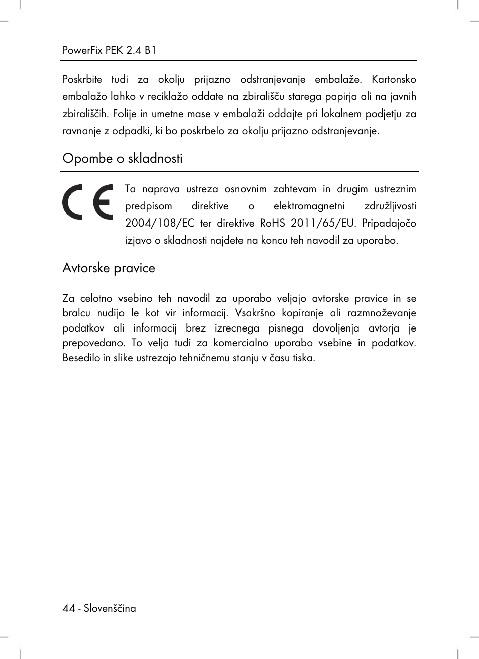 Opombe o skladnosti, Avtorske pravice | Powerfix PEK 2.4 B1 User Manual | Page 46 / 94