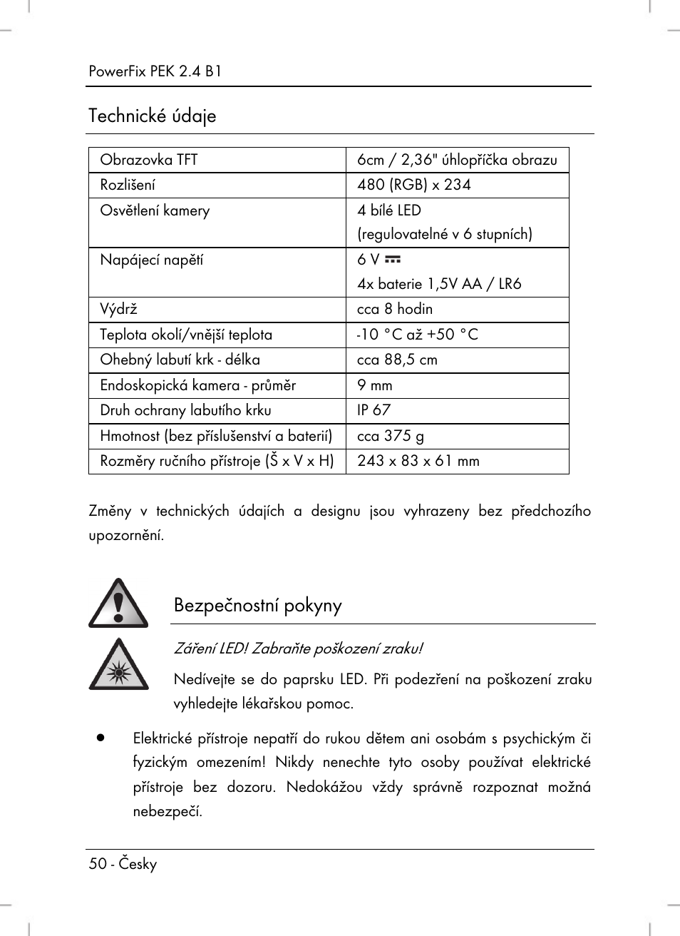 Technické údaje, Bezpečnostní pokyny | Powerfix PEK 2.4 B1 User Manual | Page 52 / 94