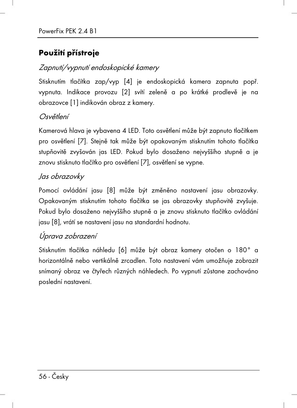 Zapnutí/vypnutí endoskopické kamery, Osvětlení, Jas obrazovky | Úprava zobrazení | Powerfix PEK 2.4 B1 User Manual | Page 58 / 94