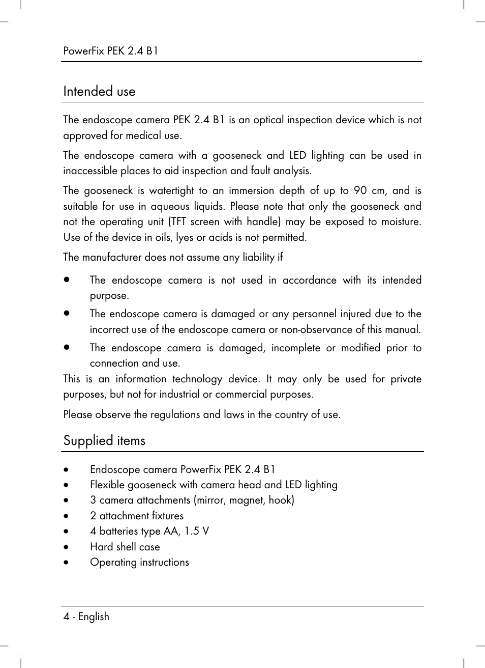 Intended use, Supplied items | Powerfix PEK 2.4 B1 User Manual | Page 6 / 94