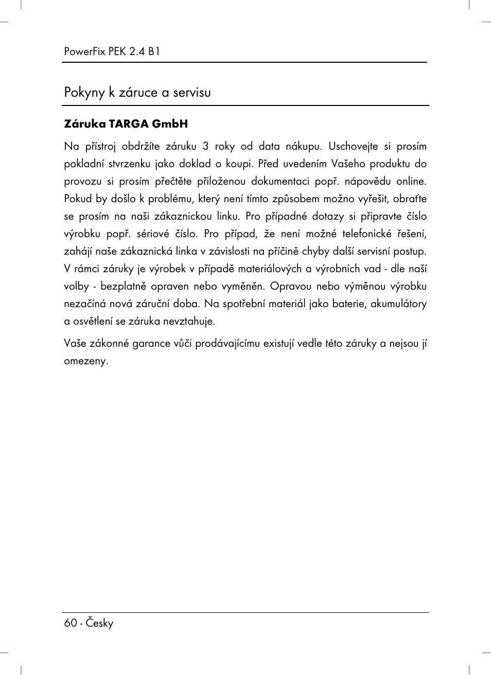 Pokyny k záruce a servisu | Powerfix PEK 2.4 B1 User Manual | Page 62 / 94
