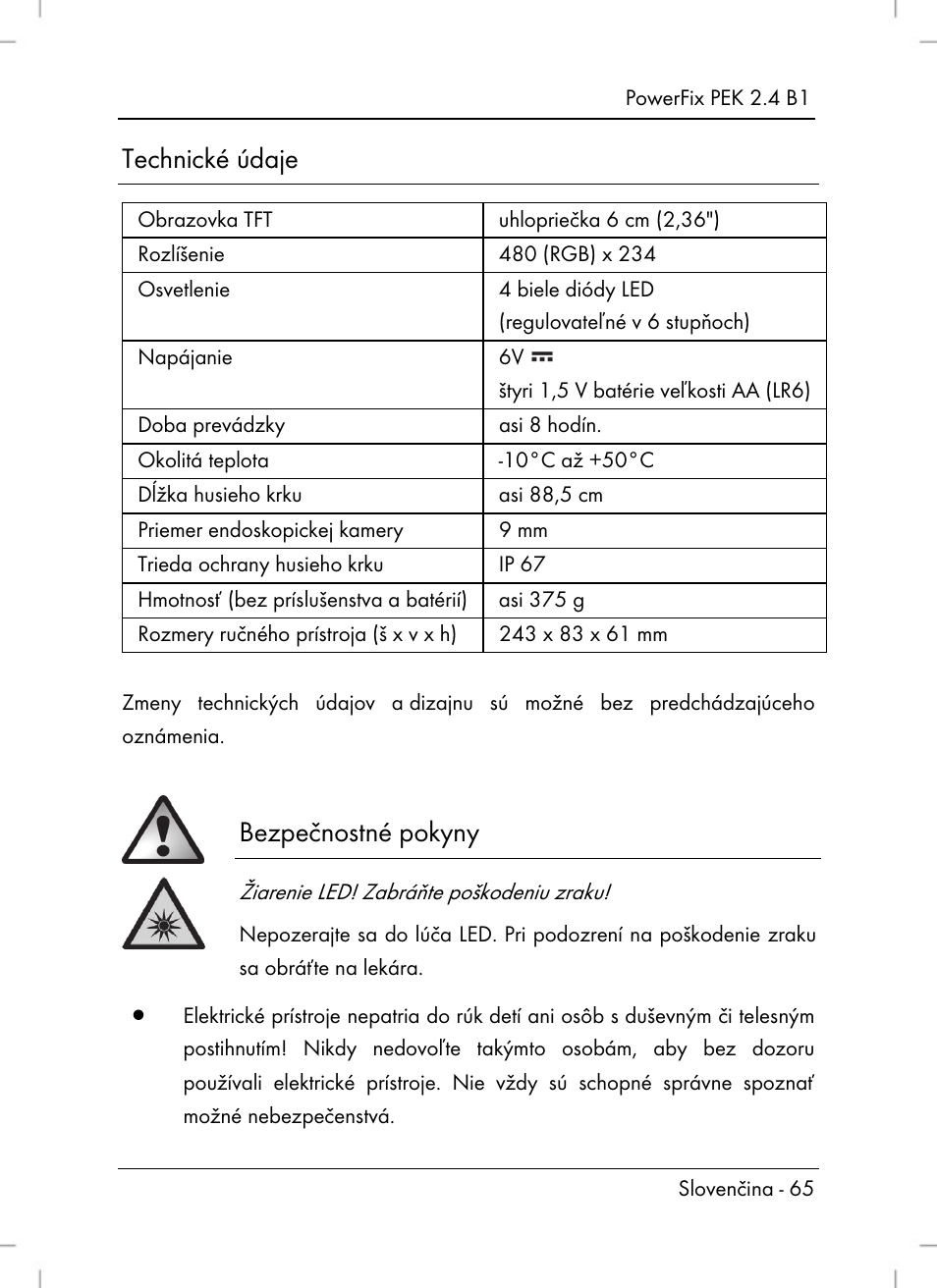 Technické údaje, Bezpečnostné pokyny | Powerfix PEK 2.4 B1 User Manual | Page 67 / 94