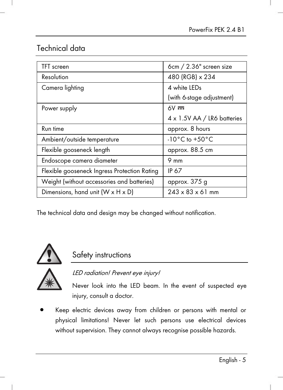 Technical data, Safety instructions | Powerfix PEK 2.4 B1 User Manual | Page 7 / 94