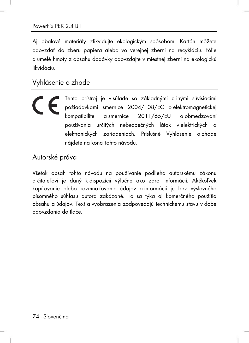 Vyhlásenie o zhode, Autorské práva | Powerfix PEK 2.4 B1 User Manual | Page 76 / 94