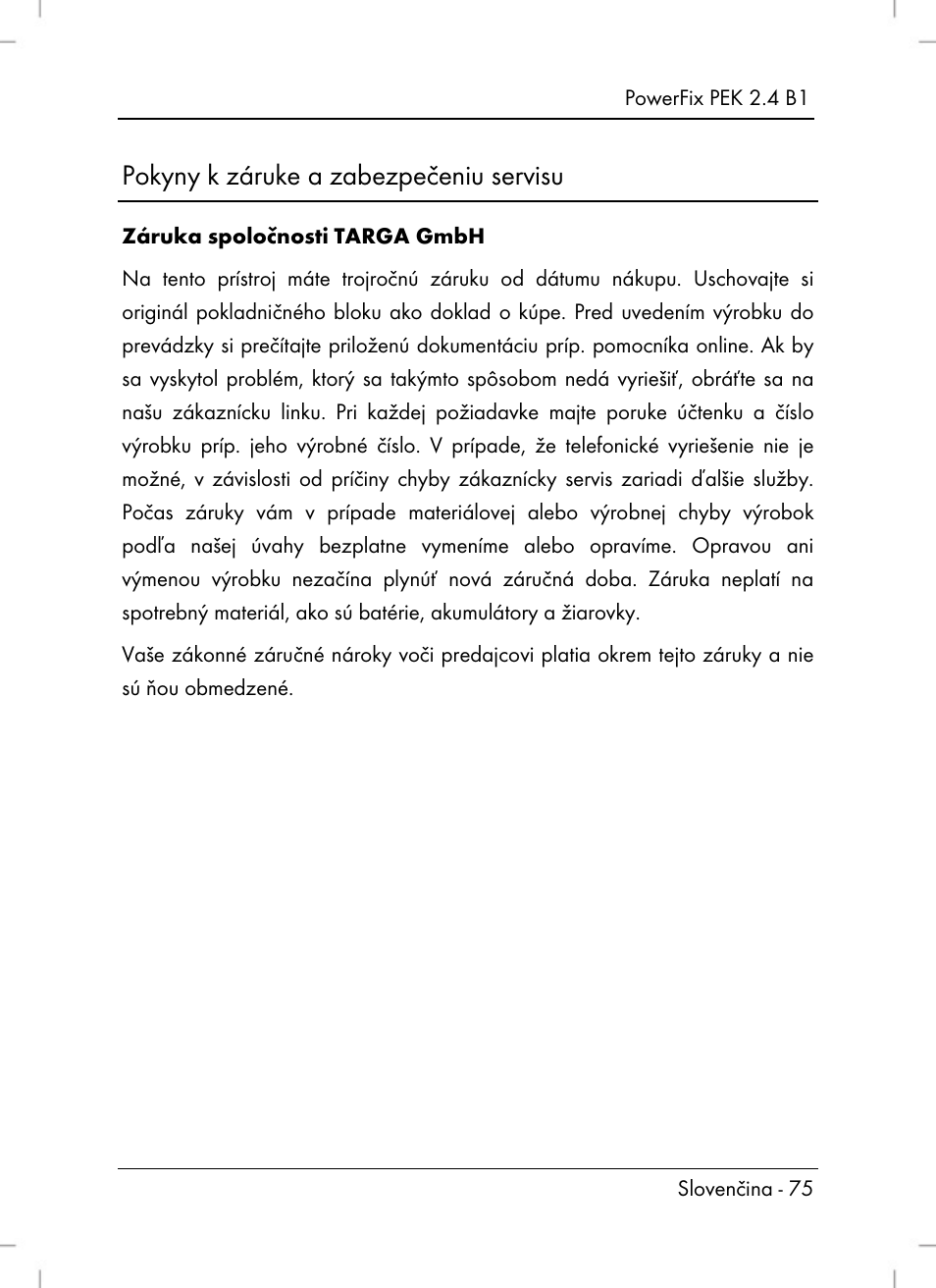 Pokyny k záruke a zabezpečeniu servisu | Powerfix PEK 2.4 B1 User Manual | Page 77 / 94