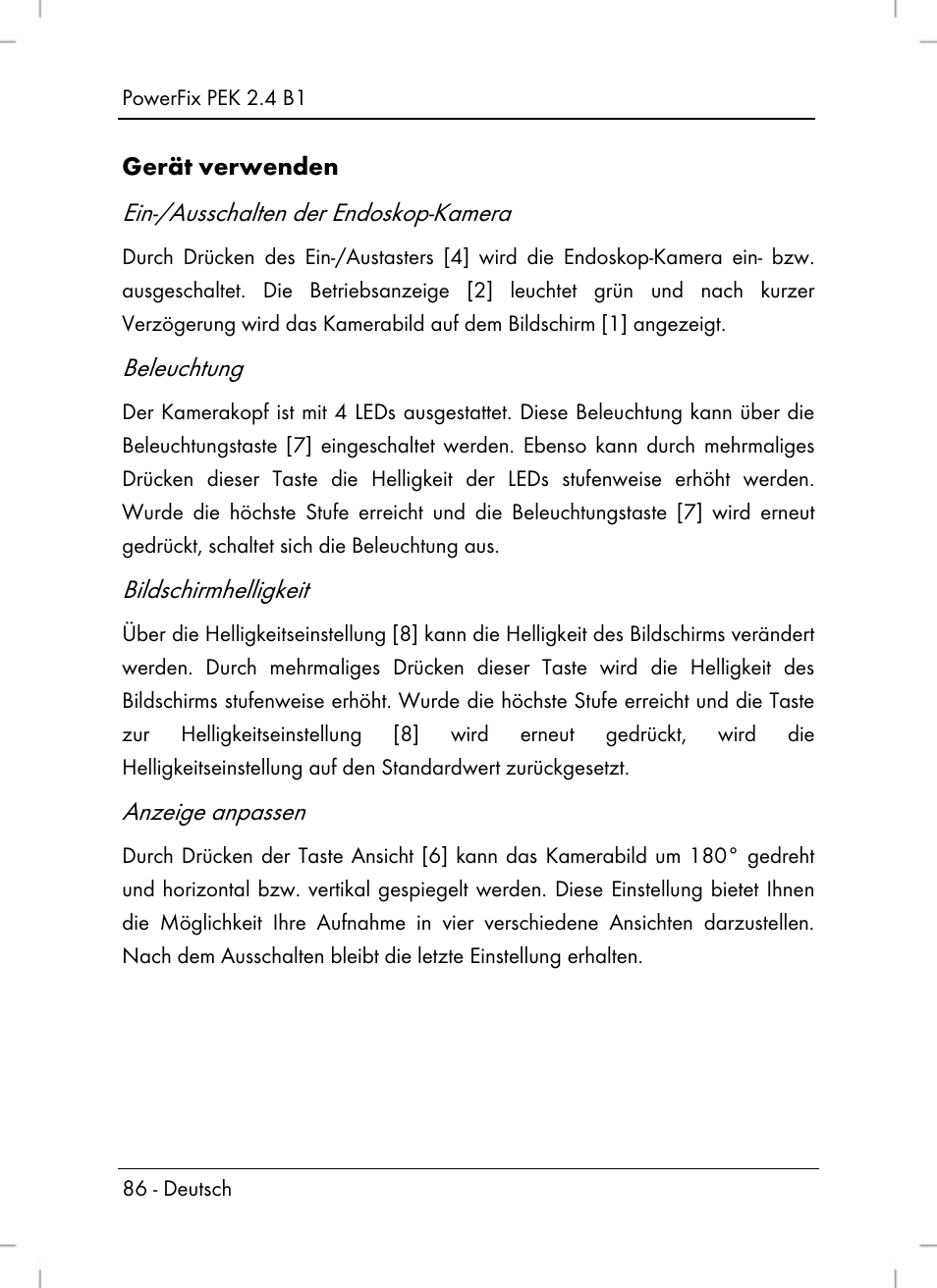 Ein-/ausschalten der endoskop-kamera, Beleuchtung, Bildschirmhelligkeit | Anzeige anpassen | Powerfix PEK 2.4 B1 User Manual | Page 88 / 94
