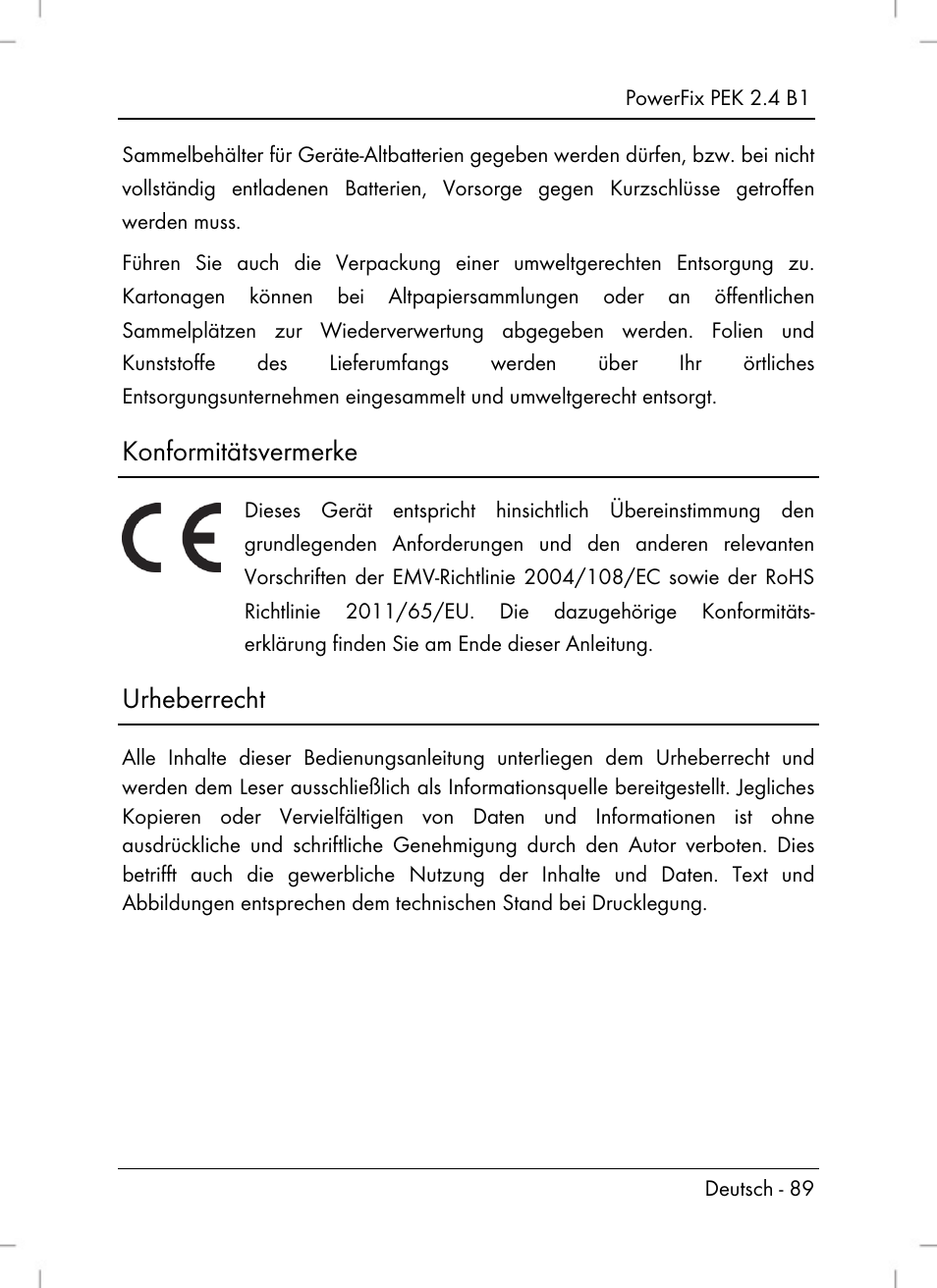 Konformitätsvermerke, Urheberrecht | Powerfix PEK 2.4 B1 User Manual | Page 91 / 94