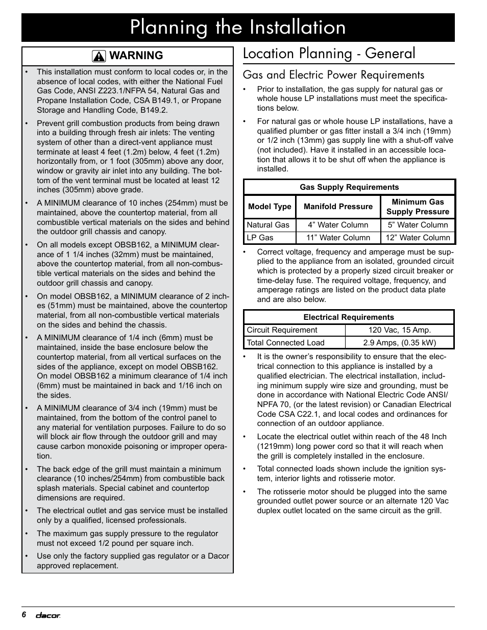 Planning the installation, Location planning - general, Gas and electric power requirements | Warning | Dacor OB52 User Manual | Page 11 / 55