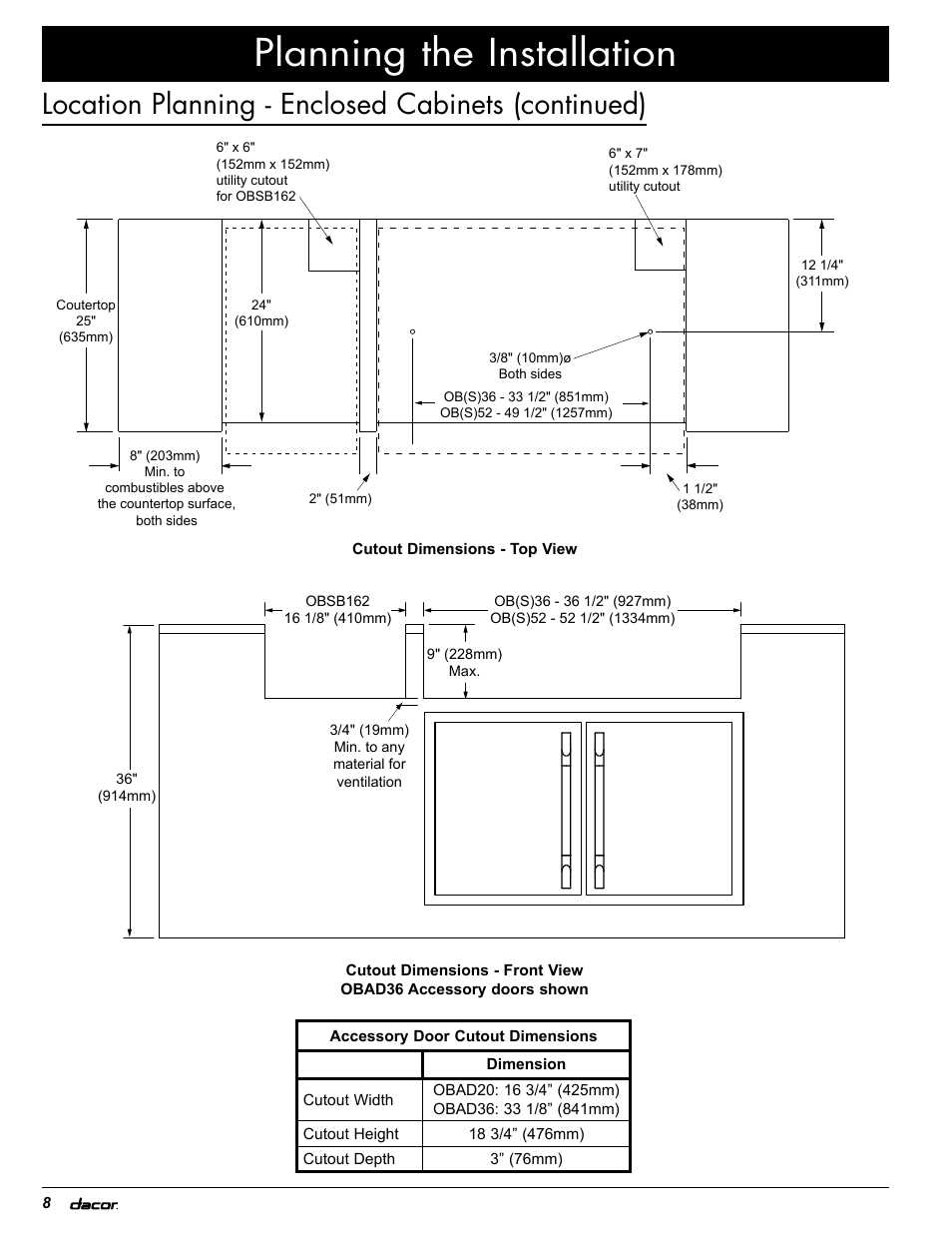 Planning the installation, Location planning - enclosed cabinets (continued) | Dacor OB52 User Manual | Page 13 / 55