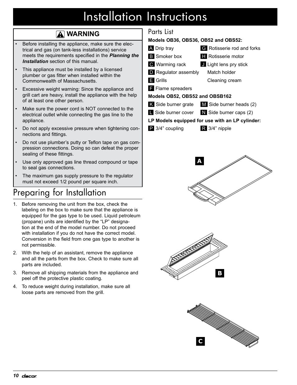 Installation instructions, Preparing for installation, Parts list | Warning | Dacor OB52 User Manual | Page 15 / 55