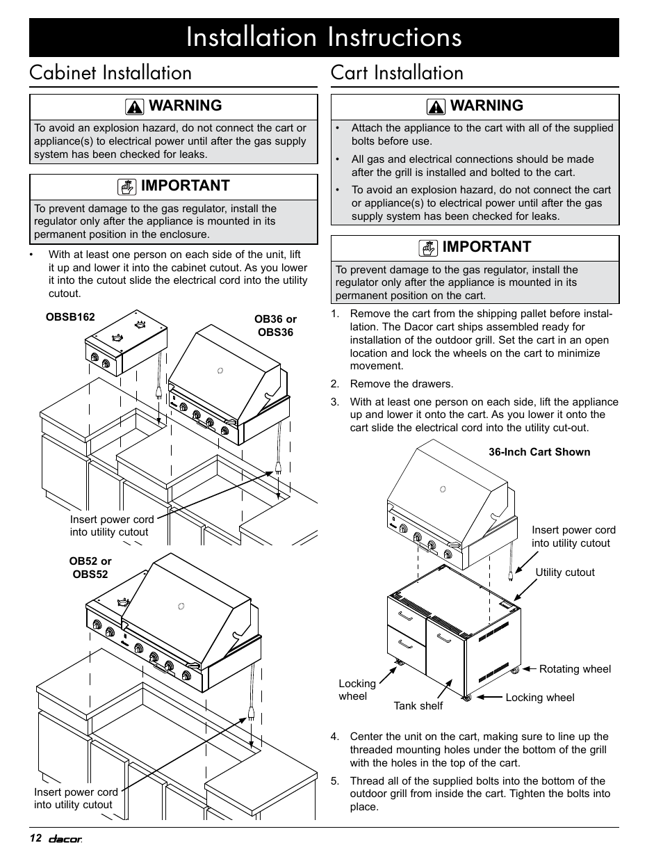 Installation instructions, Cart installation, Cabinet installation | Warning, Important | Dacor OB52 User Manual | Page 17 / 55