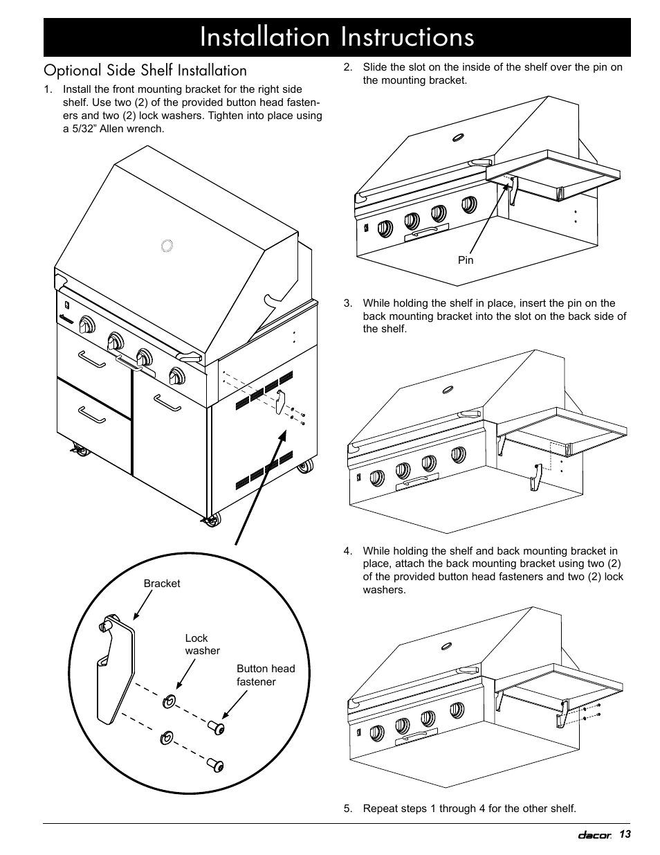 Installation instructions, Optional side shelf installation | Dacor OB52 User Manual | Page 18 / 55