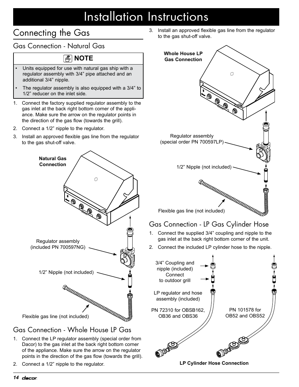 Installation instructions, Connecting the gas, Gas connection - lp gas cylinder hose | Gas connection - whole house lp gas | Dacor OB52 User Manual | Page 19 / 55