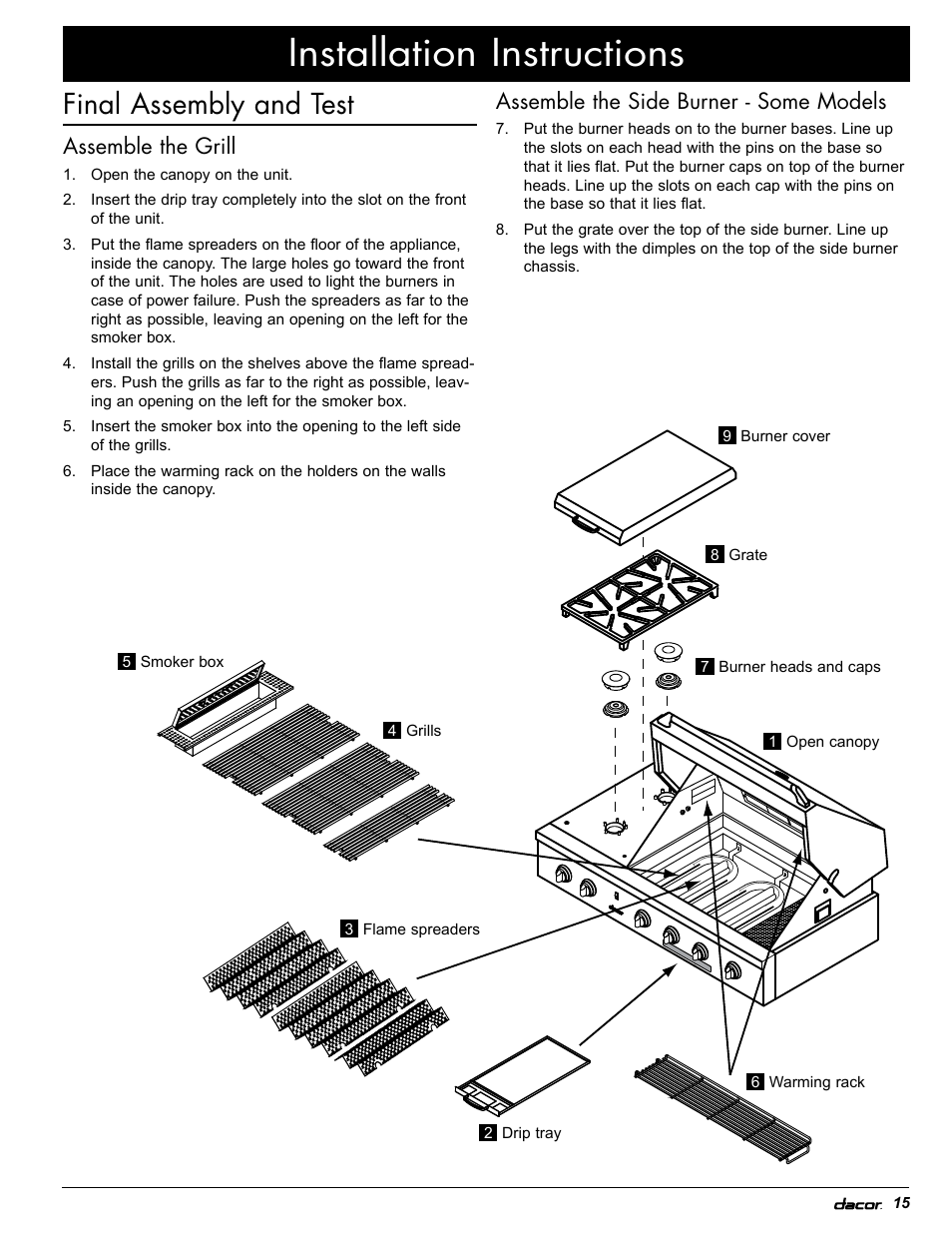 Installation instructions, Final assembly and test, Assemble the grill | Assemble the side burner - some models | Dacor OB52 User Manual | Page 20 / 55