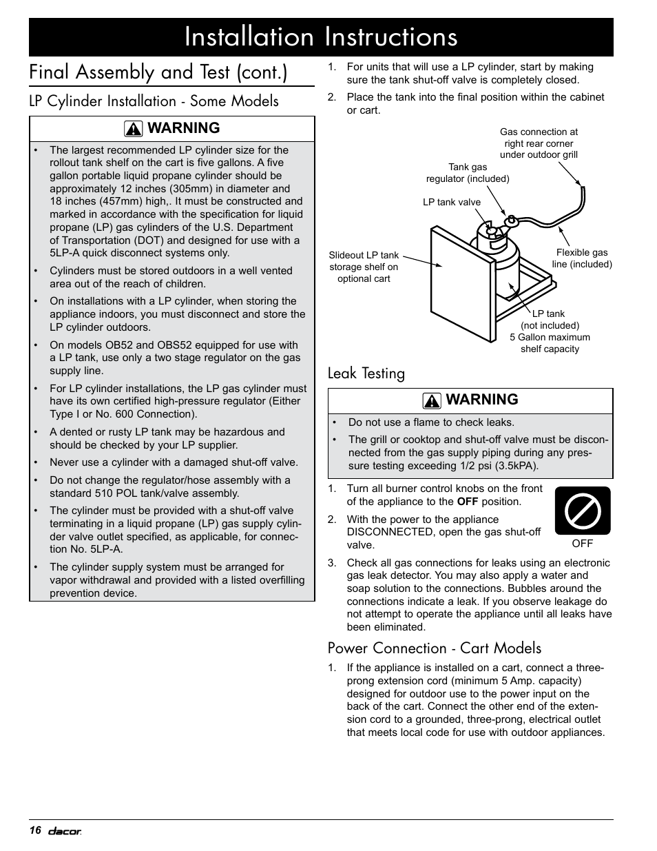 Installation instructions, Final assembly and test (cont.), Lp cylinder installation - some models warning | Leak testing warning, Power connection - cart models | Dacor OB52 User Manual | Page 21 / 55