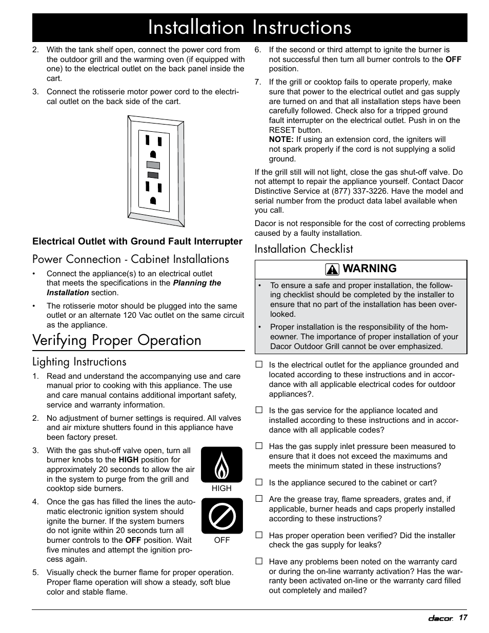 Installation instructions, Verifying proper operation, Installation checklist warning | Power connection - cabinet installations, Lighting instructions | Dacor OB52 User Manual | Page 22 / 55