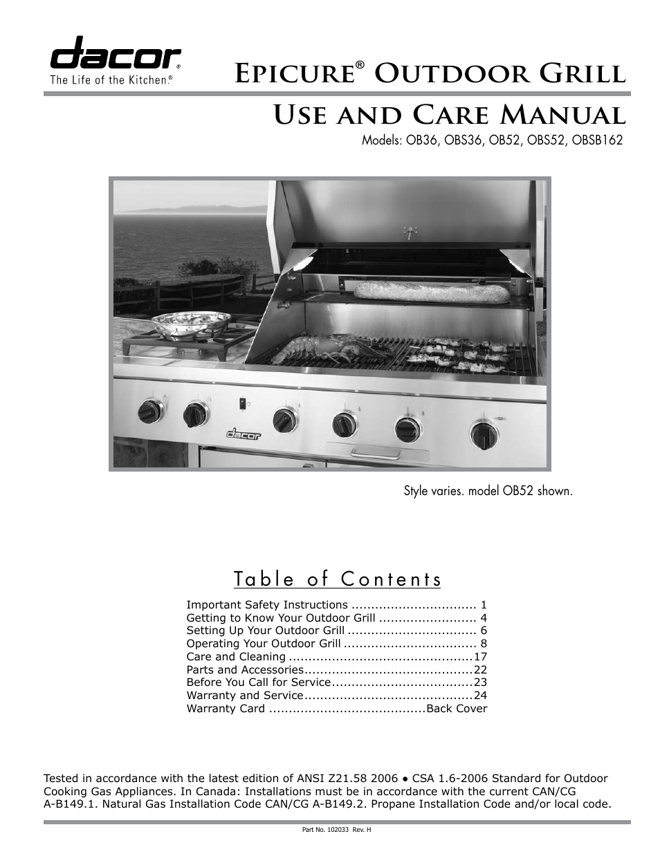 Dacor_102033revh_obxxgrill_uc, Use and care manual, Epicure | Outdoor grill | Dacor OB52 User Manual | Page 28 / 55
