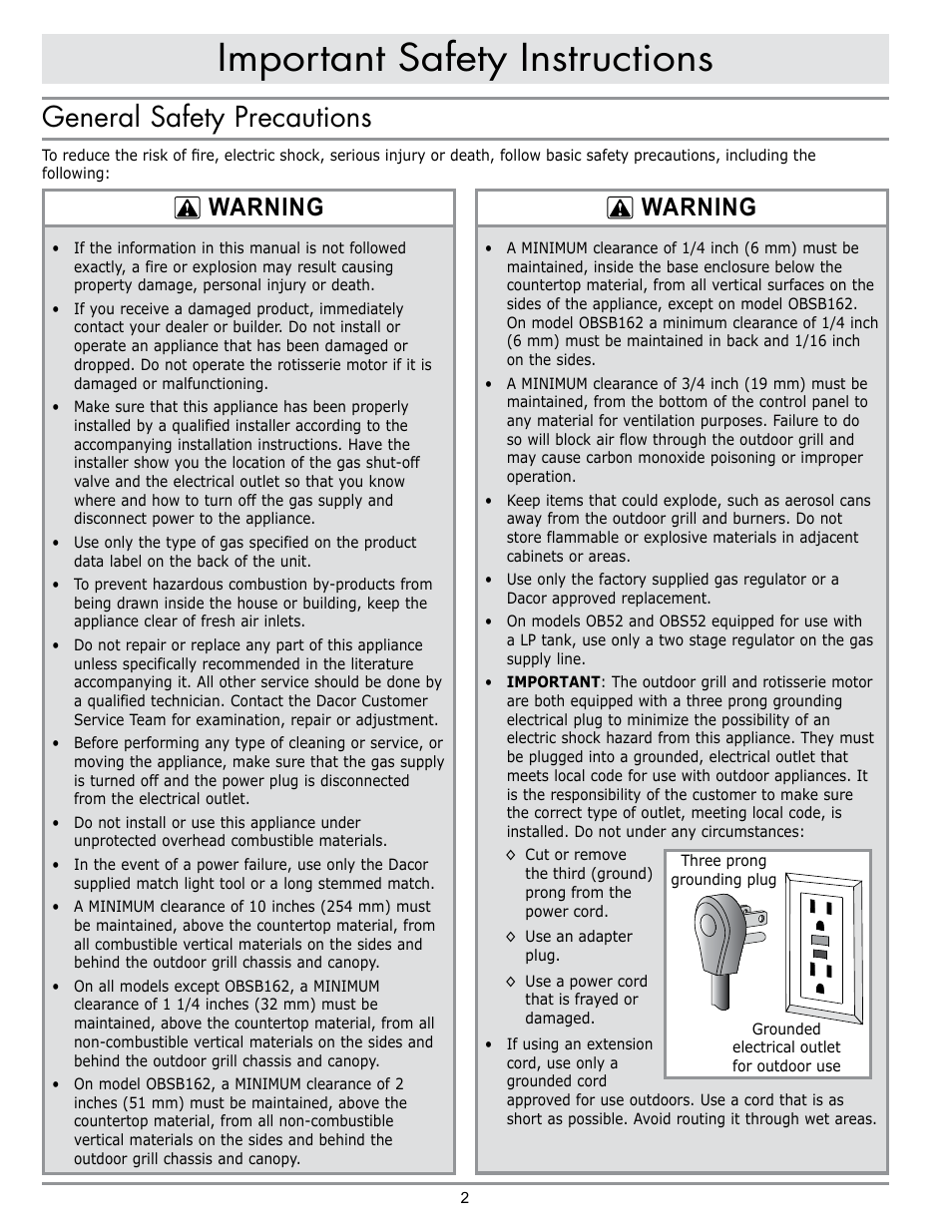 Important safety instructions, General safety precautions, Warning | Dacor OB52 User Manual | Page 31 / 55