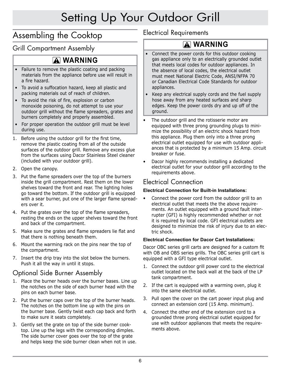 Setting up your outdoor grill, Assembling the cooktop, Warning | Grill compartment assembly, Optional side burner assembly, Electrical requirements, Electrical connection | Dacor OB52 User Manual | Page 35 / 55