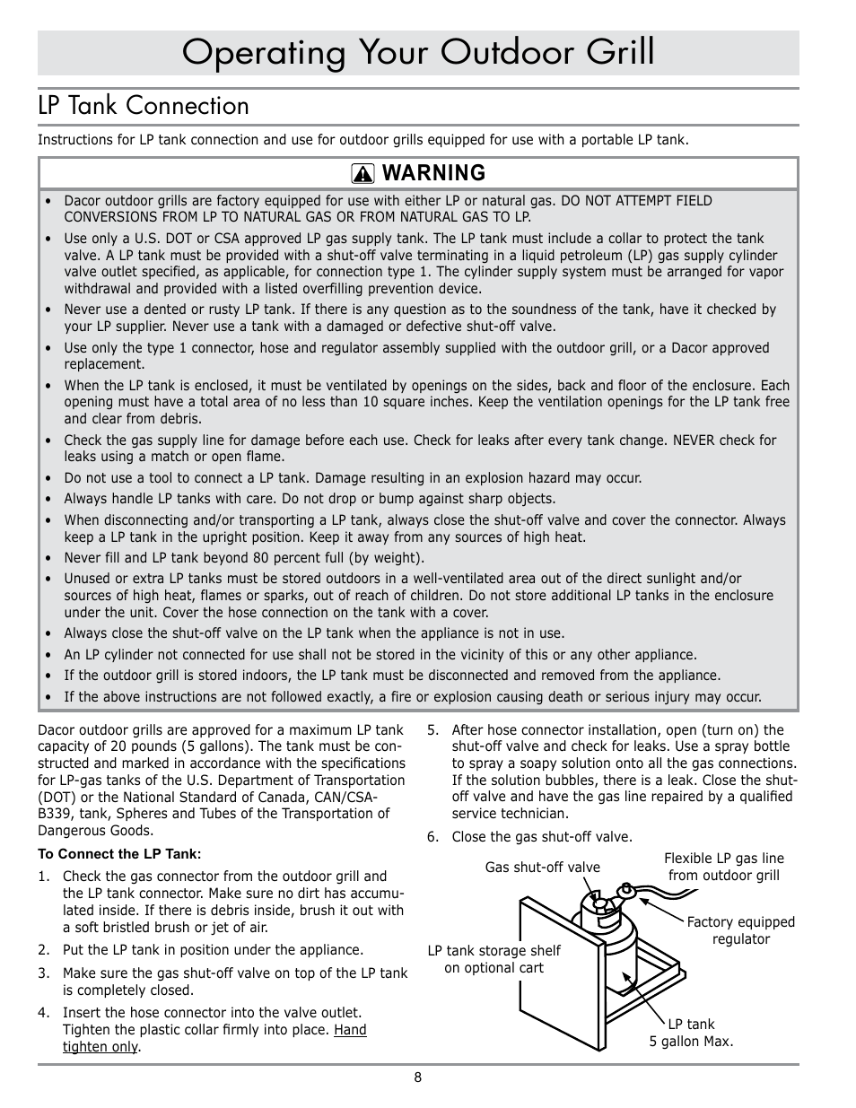 Operating your outdoor grill, Lp tank connection, Warning | Dacor OB52 User Manual | Page 37 / 55