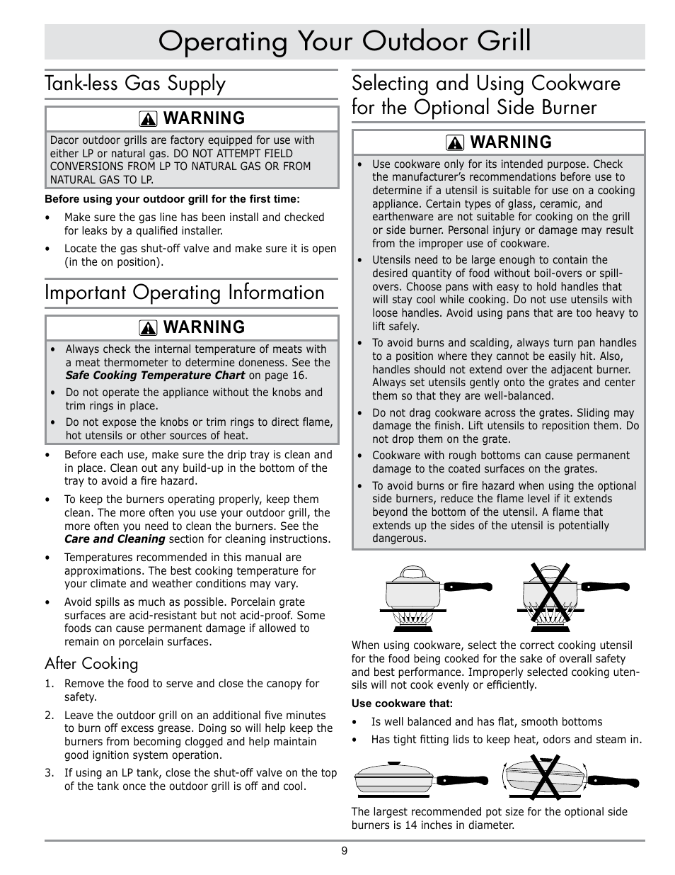 Operating your outdoor grill, Tank-less gas supply, Important operating information | Warning, After cooking | Dacor OB52 User Manual | Page 38 / 55