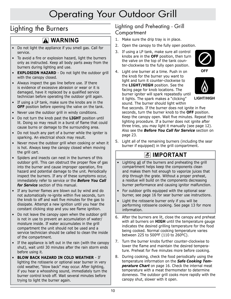Operating your outdoor grill, Lighting the burners, Warning | Important, Lighting and preheating - grill compartment | Dacor OB52 User Manual | Page 39 / 55