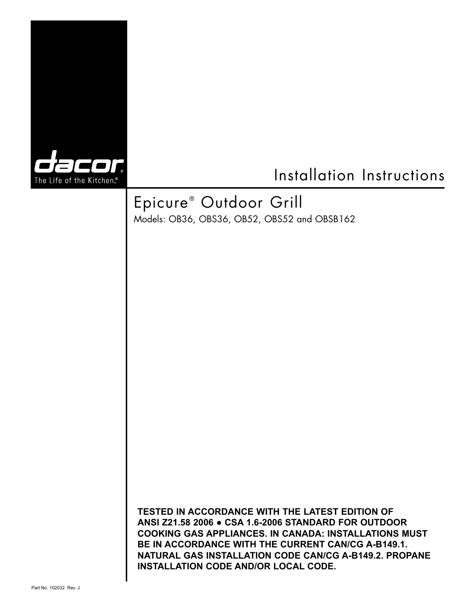102032revj_dacor_obseriesgrill_installation, Installation instructions epicure, Outdoor grill | Dacor OB52 User Manual | Page 4 / 55