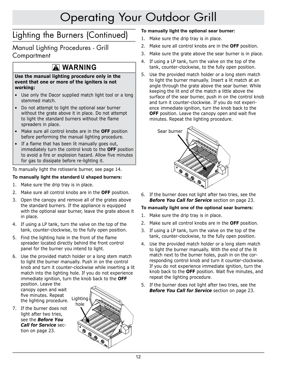Operating your outdoor grill, Lighting the burners (continued), Warning | Manual lighting procedures - grill compartment | Dacor OB52 User Manual | Page 41 / 55