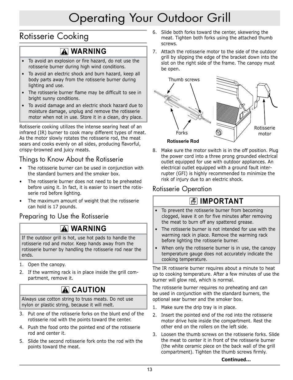 Operating your outdoor grill, Rotisserie cooking, Important | Warning, Caution, Rotisserie operation, Things to know about the rotisserie, Preparing to use the rotisserie | Dacor OB52 User Manual | Page 42 / 55