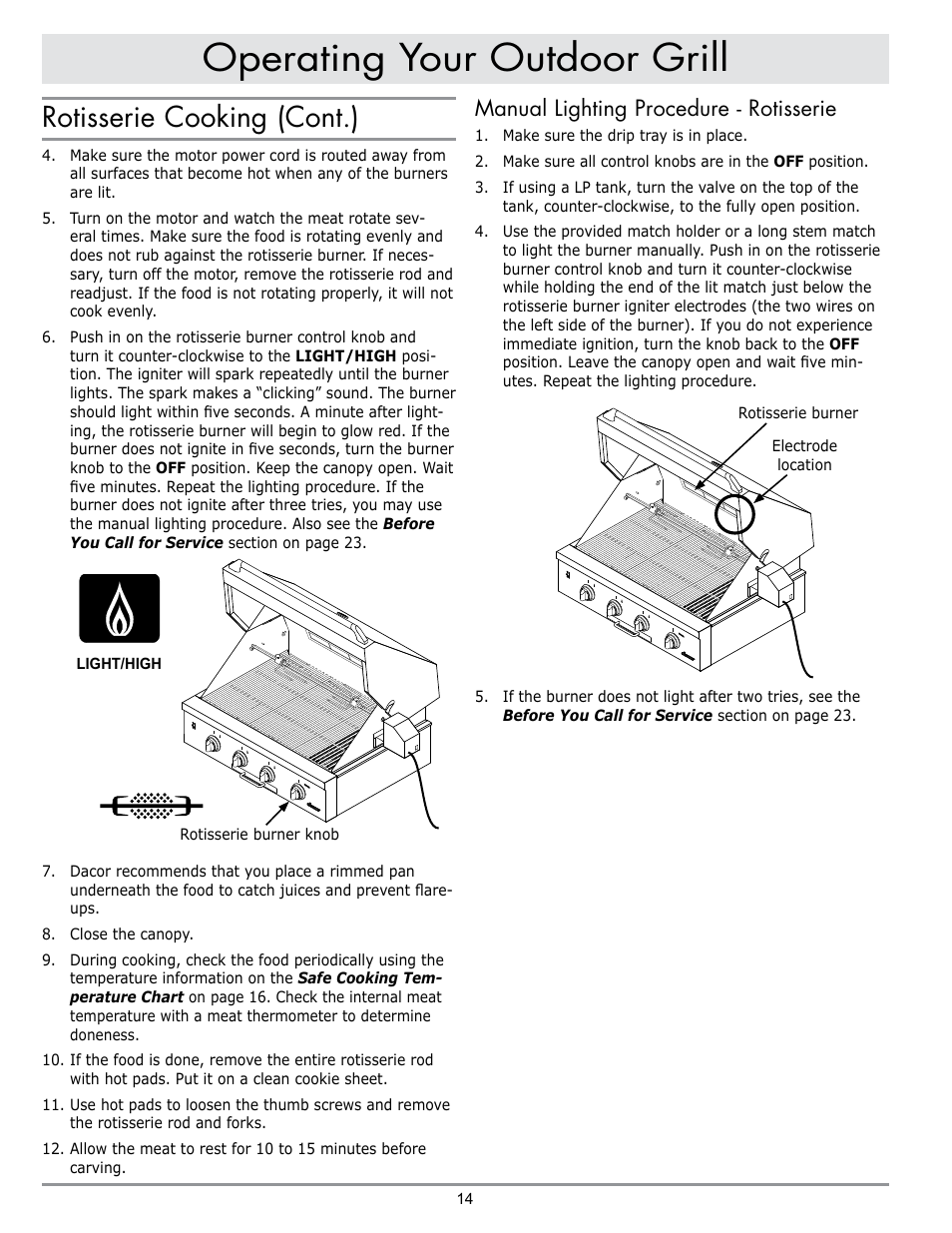 Operating your outdoor grill, Rotisserie cooking (cont.), Manual lighting procedure - rotisserie | Dacor OB52 User Manual | Page 43 / 55