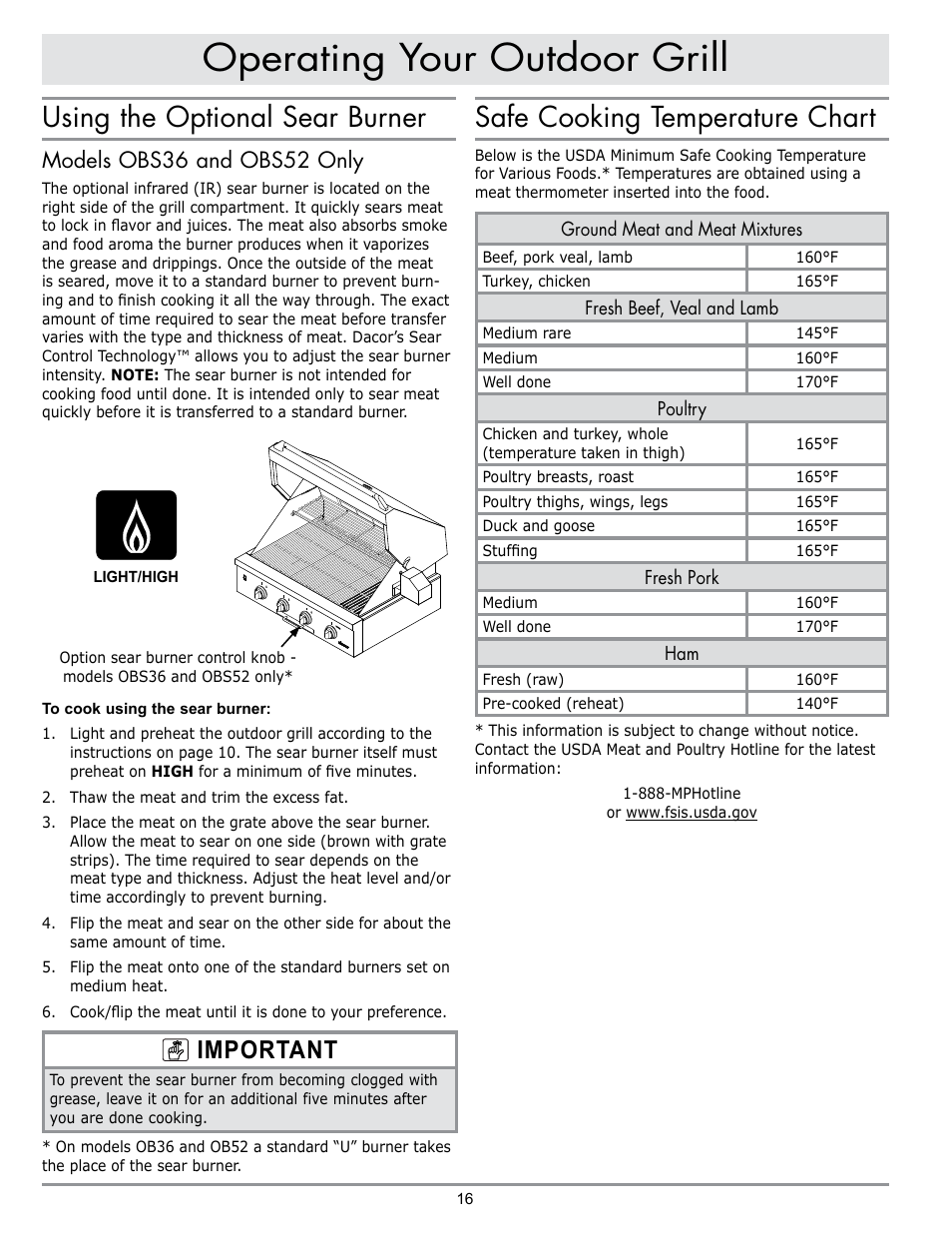 Operating your outdoor grill, Using the optional sear burner, Safe cooking temperature chart | Important, Models obs36 and obs52 only | Dacor OB52 User Manual | Page 45 / 55