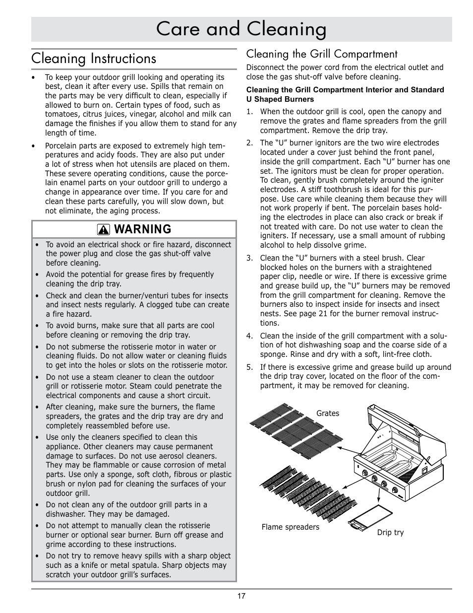 Care and cleaning, Cleaning instructions, Warning | Cleaning the grill compartment | Dacor OB52 User Manual | Page 46 / 55